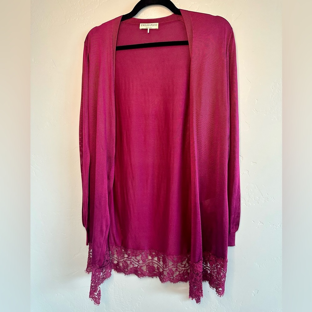 Emilio Pucci Cardigan Long Open Front Silk DesignerDeep Burgundy SIZE Small NEW! - Picture 6 of 16